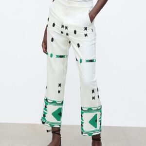 Zara Embroidered Linen Blend Pants White Green Aztec Design Pocket Blogger Fav S